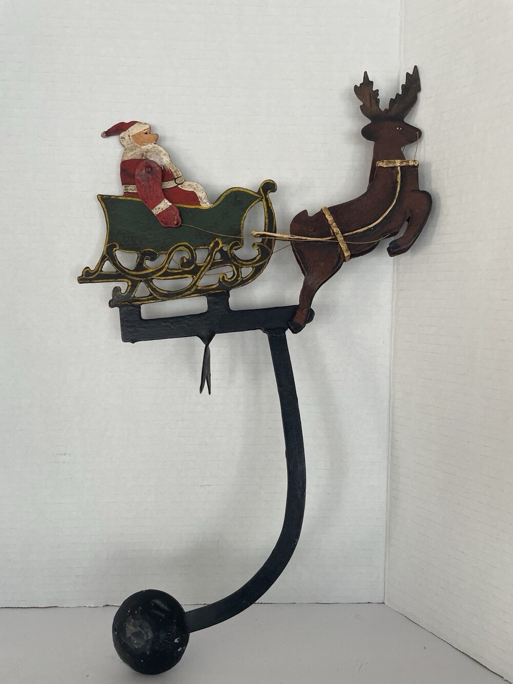 Vintage Folk Art Metal Pendulum Santa Sleigh & Reindeer Christmas Decor No Stand